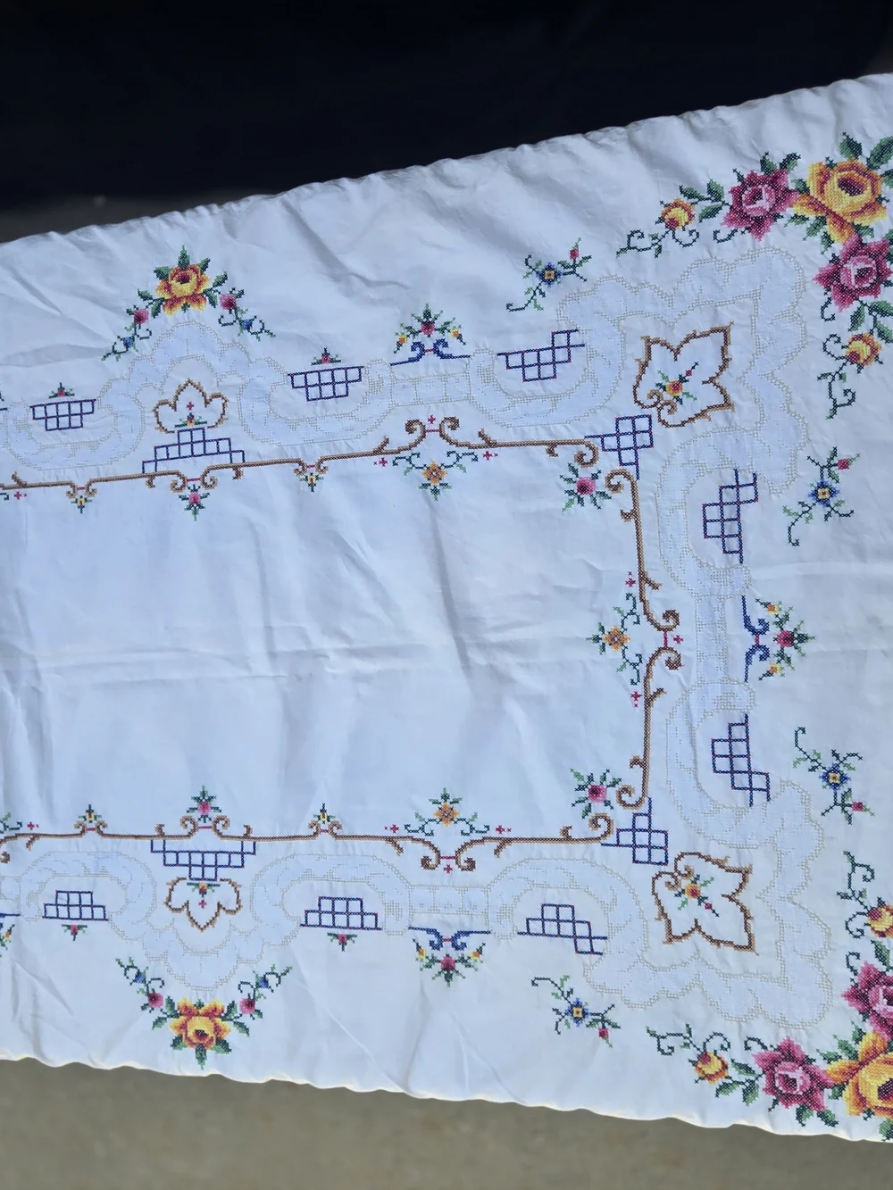 Vintage Cream Tablecloth with Multicolor Floral Embroidery